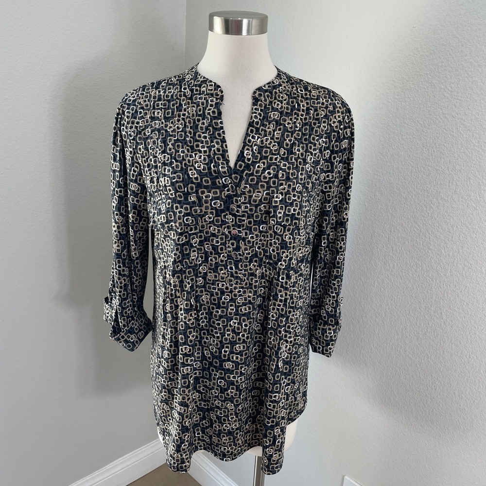 Cocomo Woman Plus 1X Geometric Link Print Roll Tab Sleeve Blouse Tunic Top